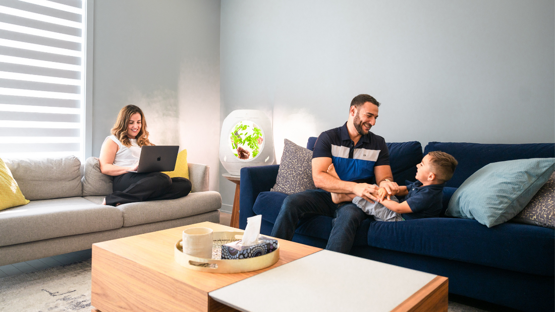 Family chopping vegetables next to their Rejuvenate Smart Indoor Garden